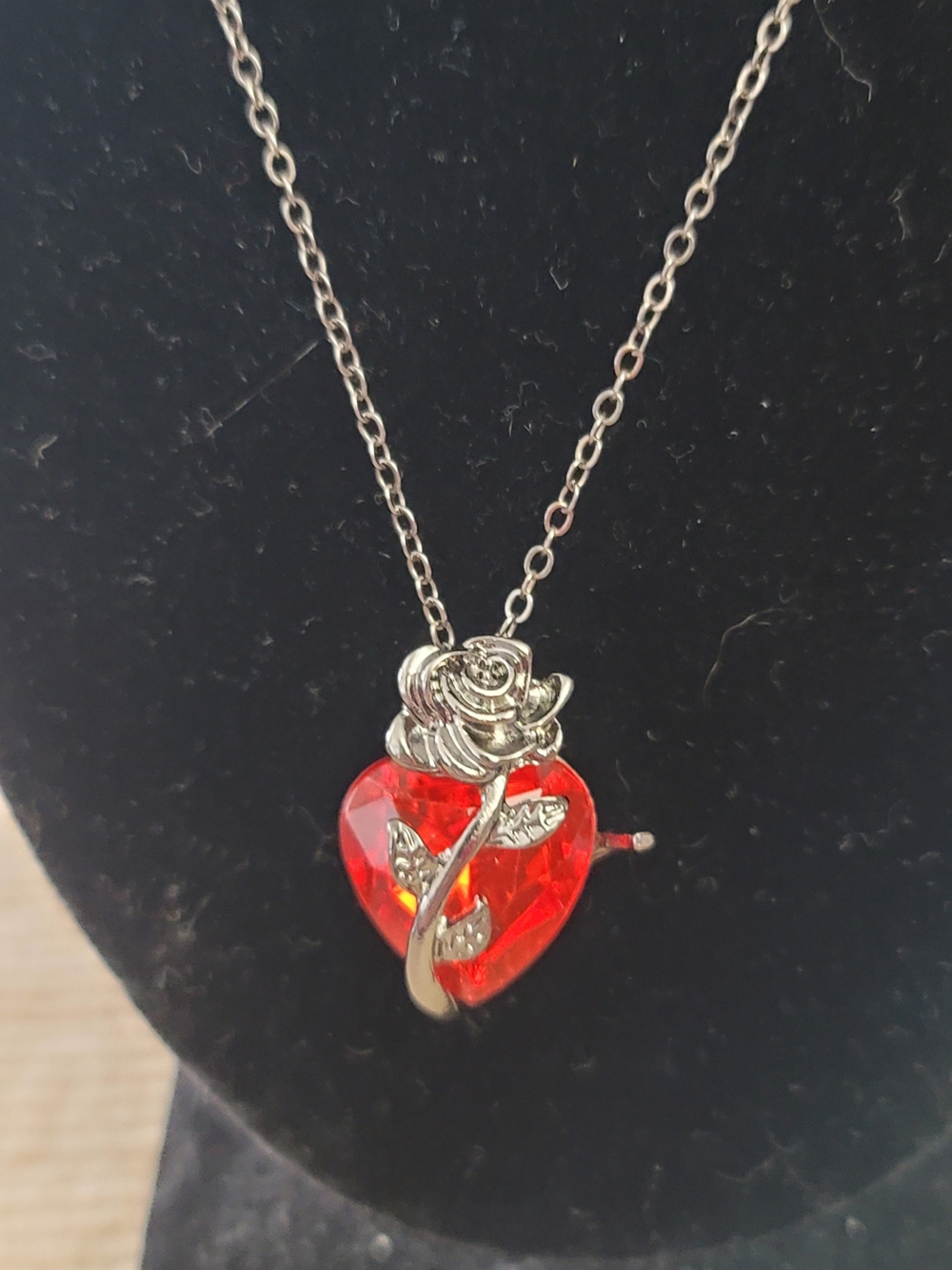 Amazon Silver Rose Pendant Over Red Heart Necklace